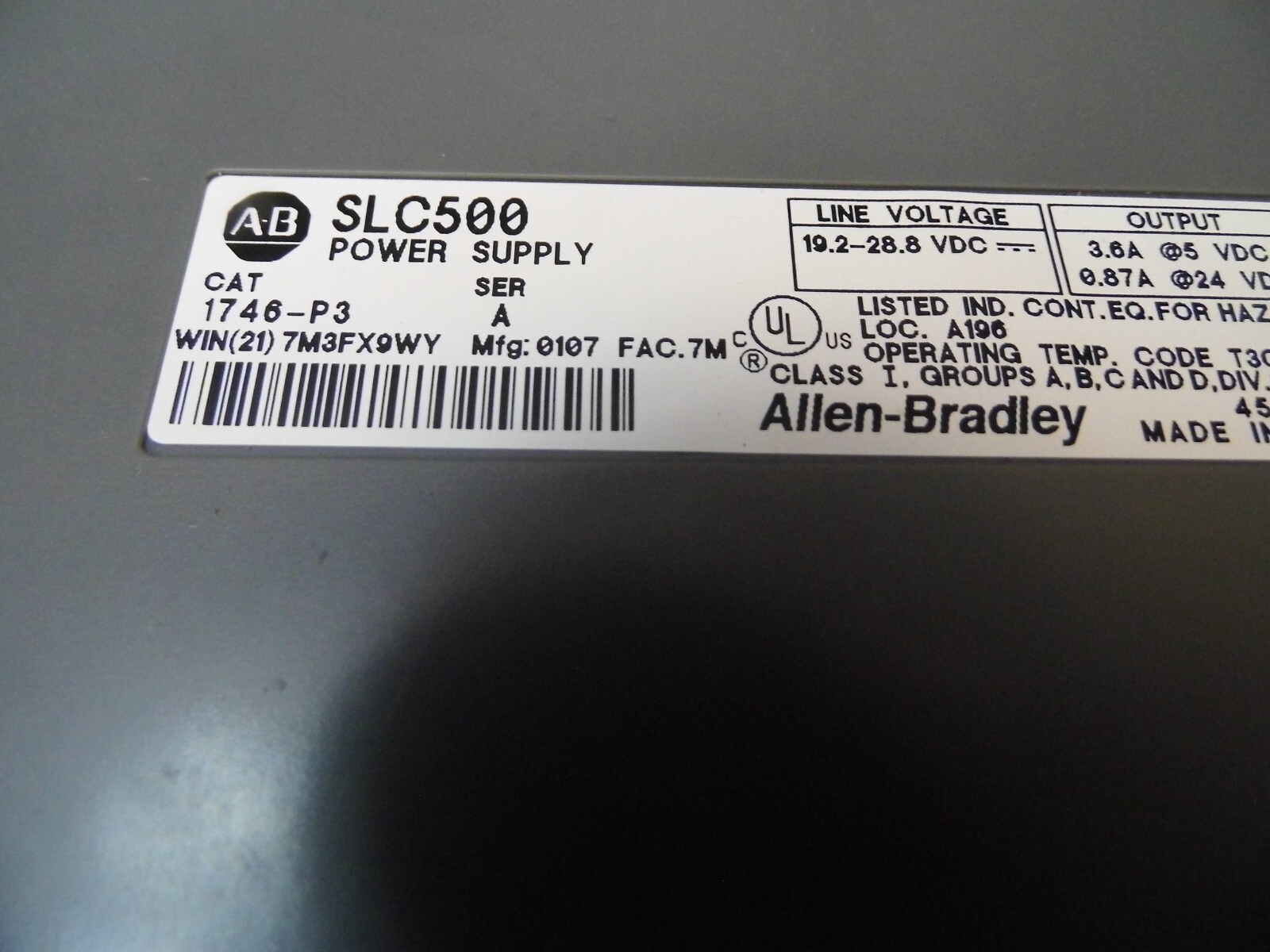 ALLEN BRADLEY 1746-P3 SERIES A POWER SUPPLY