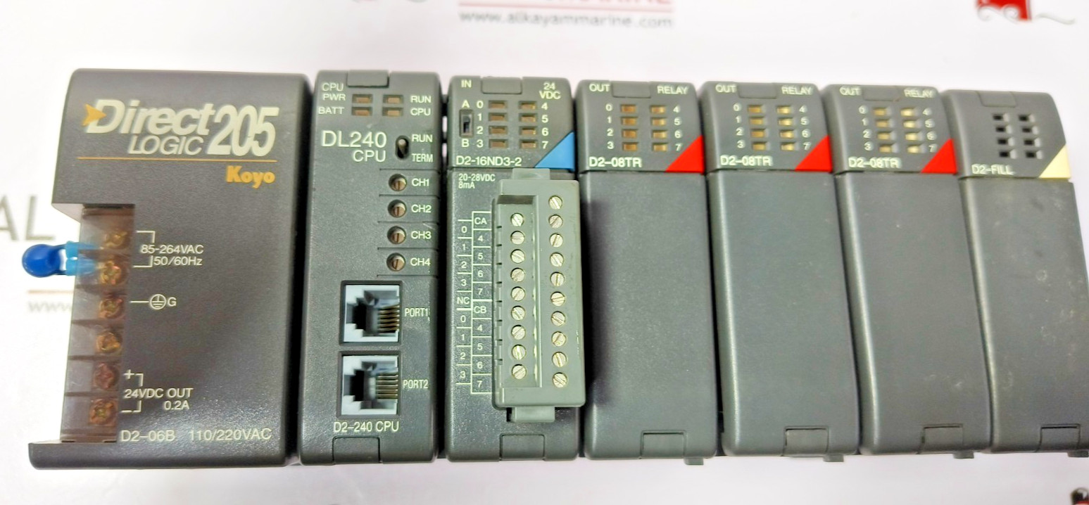 KOYO DIRECT LOGIC 205 D2-06B, DL240 CPU, D2-16ND3-2, 3X D2-08TR, D2-FILL