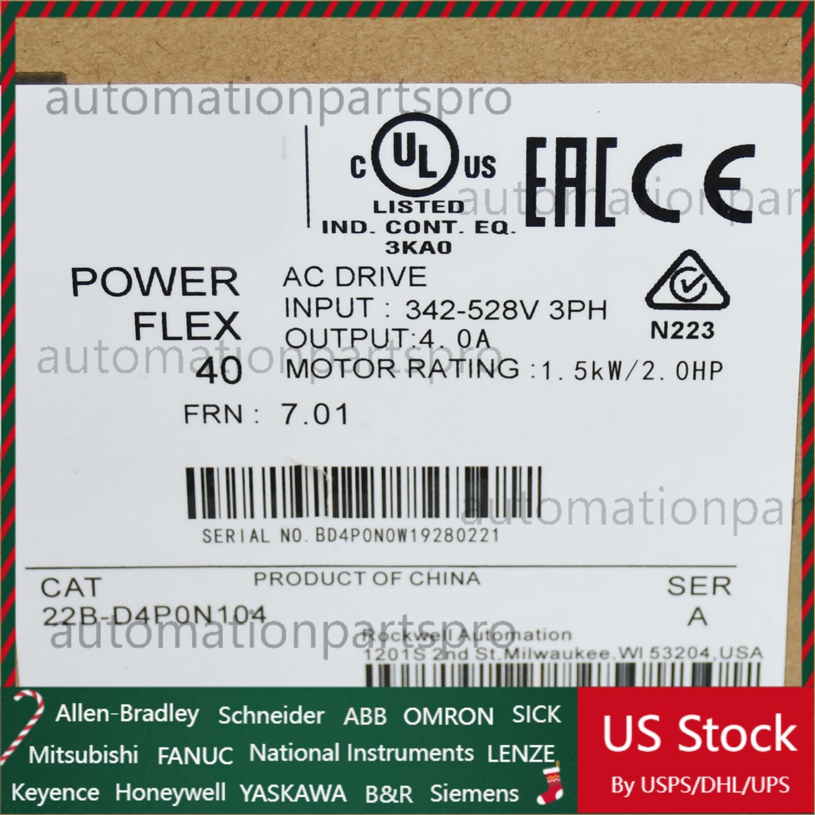 New Sealed Allen-Bradley 22B-D4P0N104 PowerFlex 1.5 kW 2 HP AC Drive AB