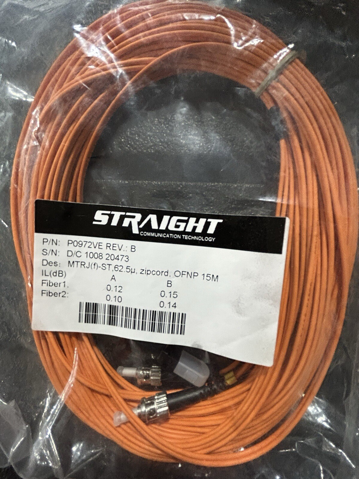 Straight P0972VE MTRJ(f)-ST,62.5 Zipcord,OFNP 15M