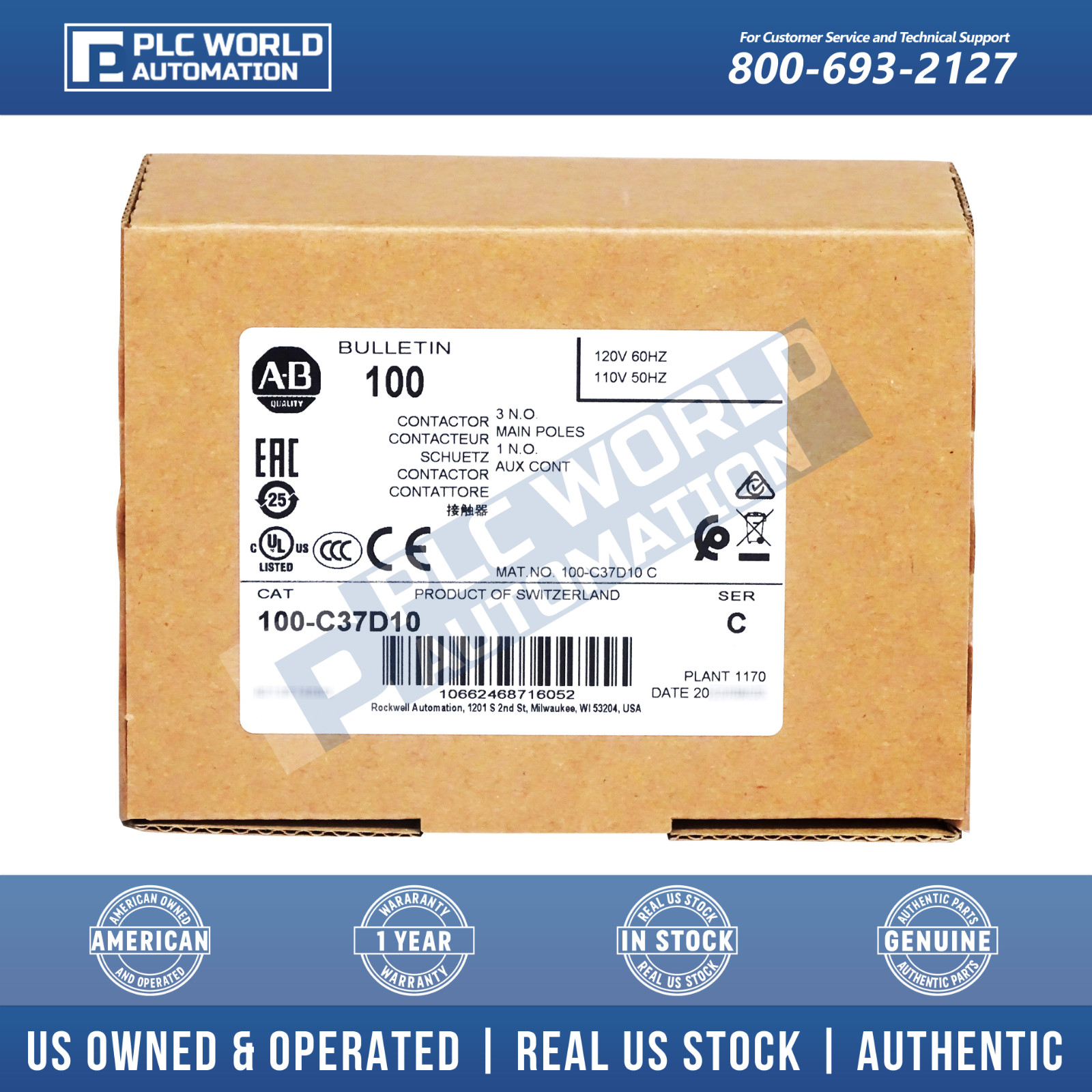 Allen Bradley 100-C37D10 /C IEC Standard Contactor, 110/120 VAC 3-Pole, 37A, New