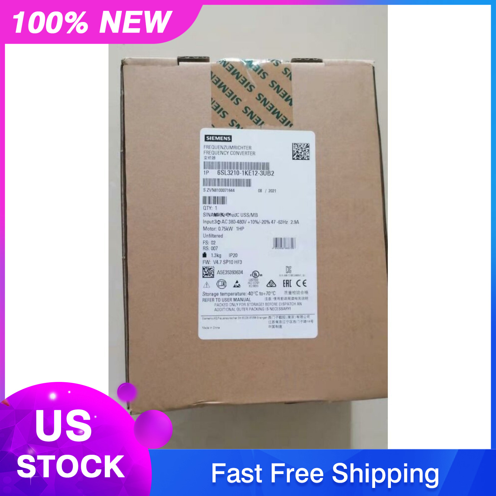 New Siemens 6SL3210-1KE12-3UB2 6SL3 210-1KE12-3UB2 G120C RATED POWER 0,75KW