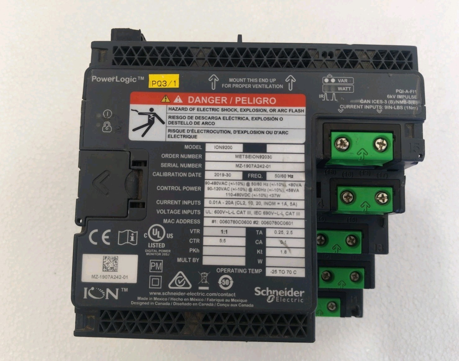 SCHNEIDER ELECTRIC POWERLOGIC ION9200 METSEION92030 POWER AND ENERGY METER USED