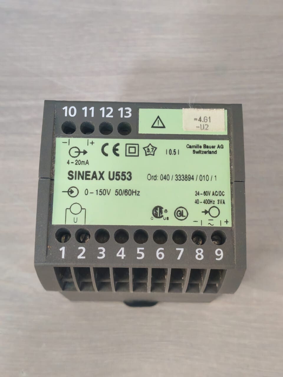 CAMILLE BAUER SINEAX U553 VOLTAGE TRANSDUCER 0-150V 50/60Hz- W/O ANY ACCS.