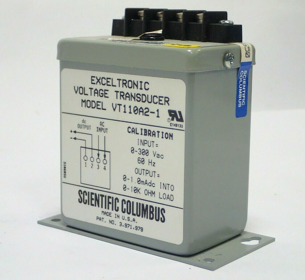 SCIENTIFIC COLUMBUS VT110A2-1 EXCELTRONIC VOLTAGE TRANSDUCER INPUT 0-300VAC