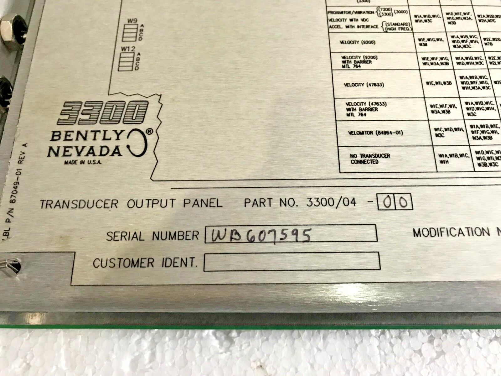 BENTLY NEVADA 3300/04-00 Transducer Output Panel