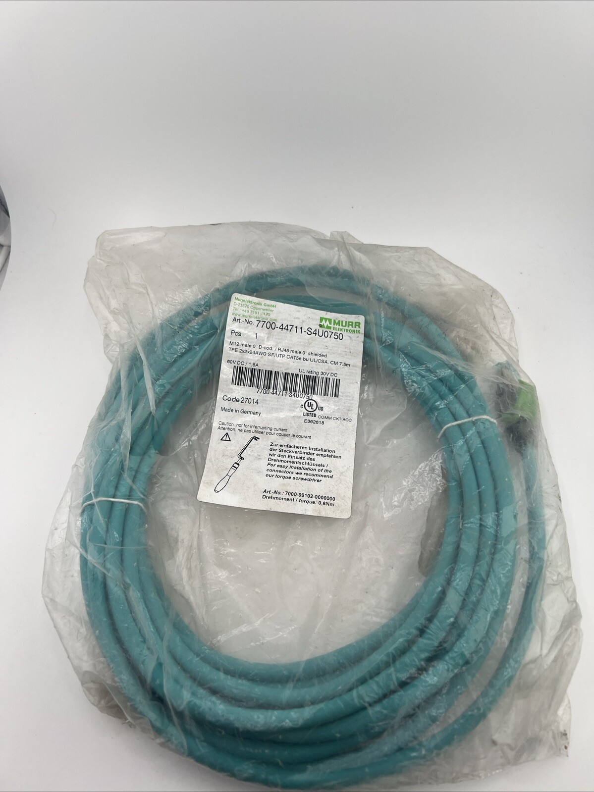 Murr Elektronik 7700-44711-S4U0750 M12 Male D-Cod RJ45 Male Shielded TPE New