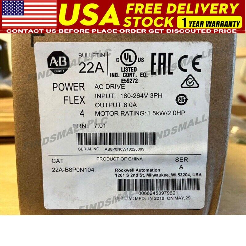 Allen-Bradley 22A-B8P0N104 PowerFlex 4 1.5 kW (2 Hp) AC Drive US Free Tax