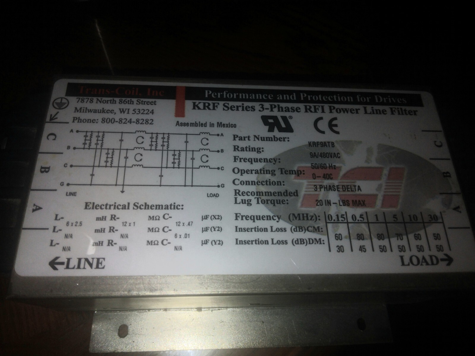 TRANS-COIL KRF9ATB THREE PHASE RFI POWER LINE FILTER