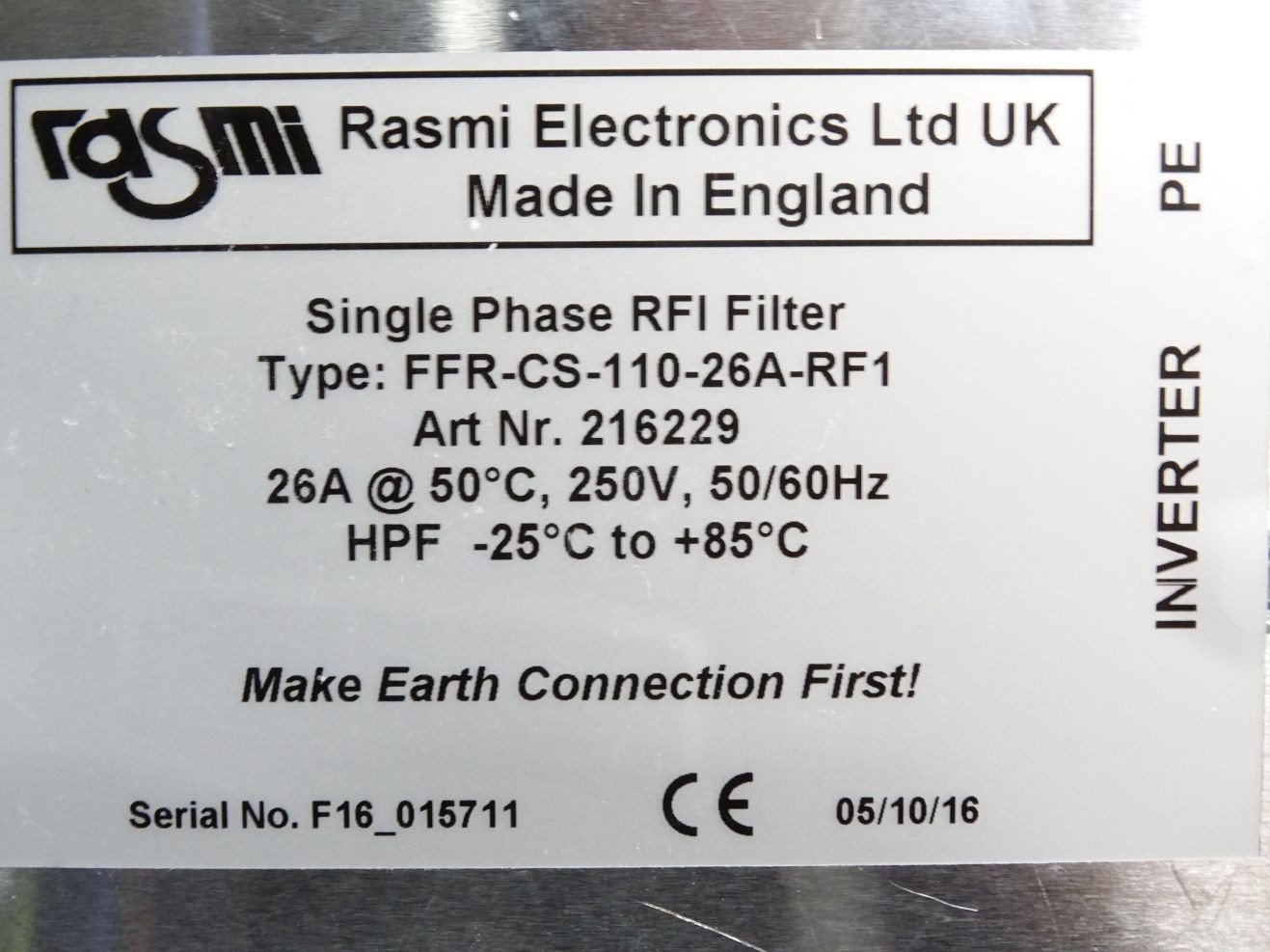 Rasmi Electronics Single Phase RFI Filter FFR-CS-110-26A-RF1 / Mint Condition