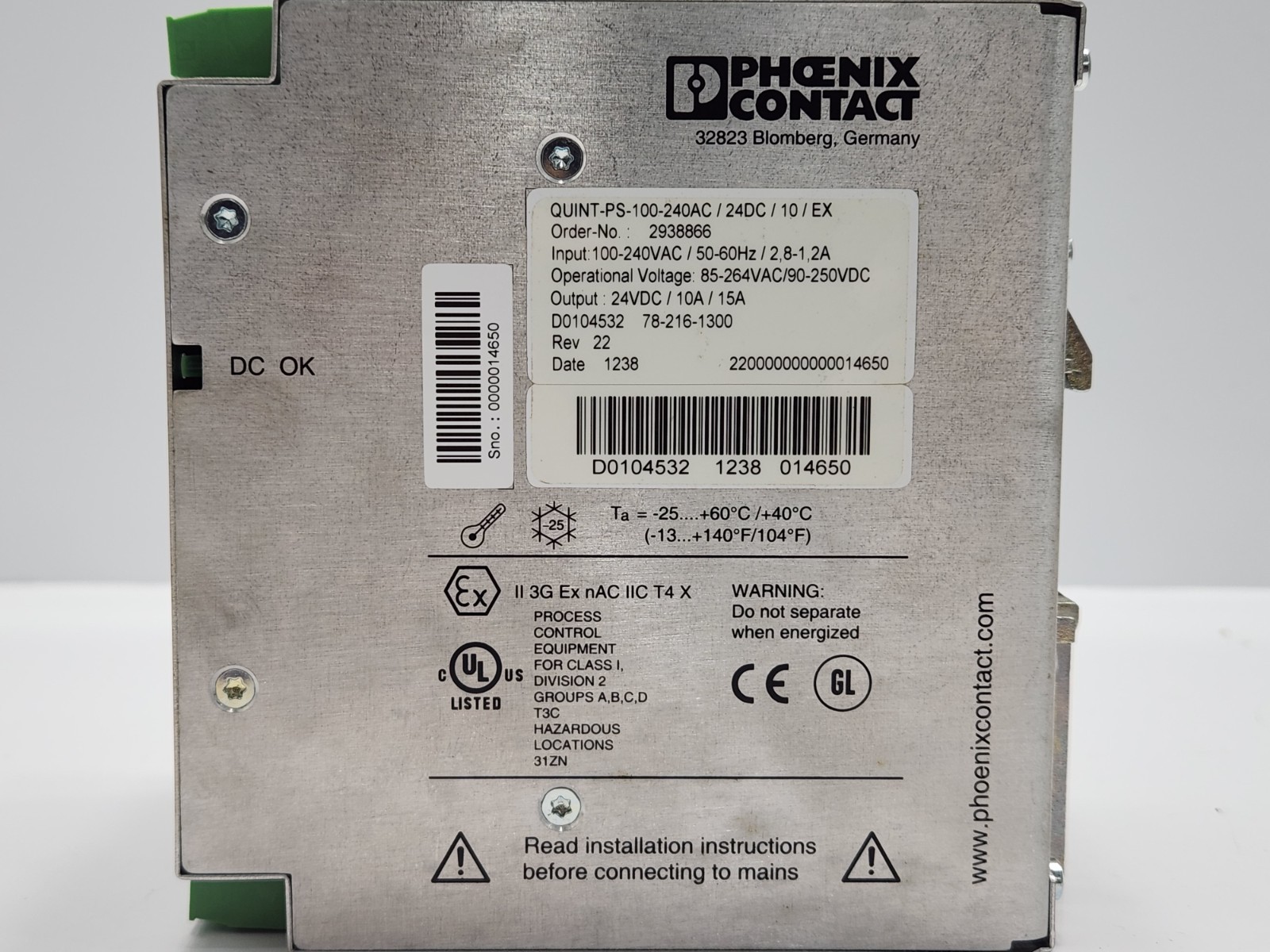 PHOENIX CONTACT QUINT-PS-100-240AC/24DC/10/EX POWER SUPPLY 2938866 REV 22