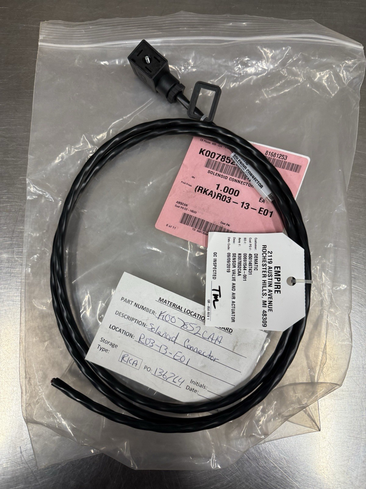 Siemens Dematic K007852CAA Solenoid Connector Cable – New