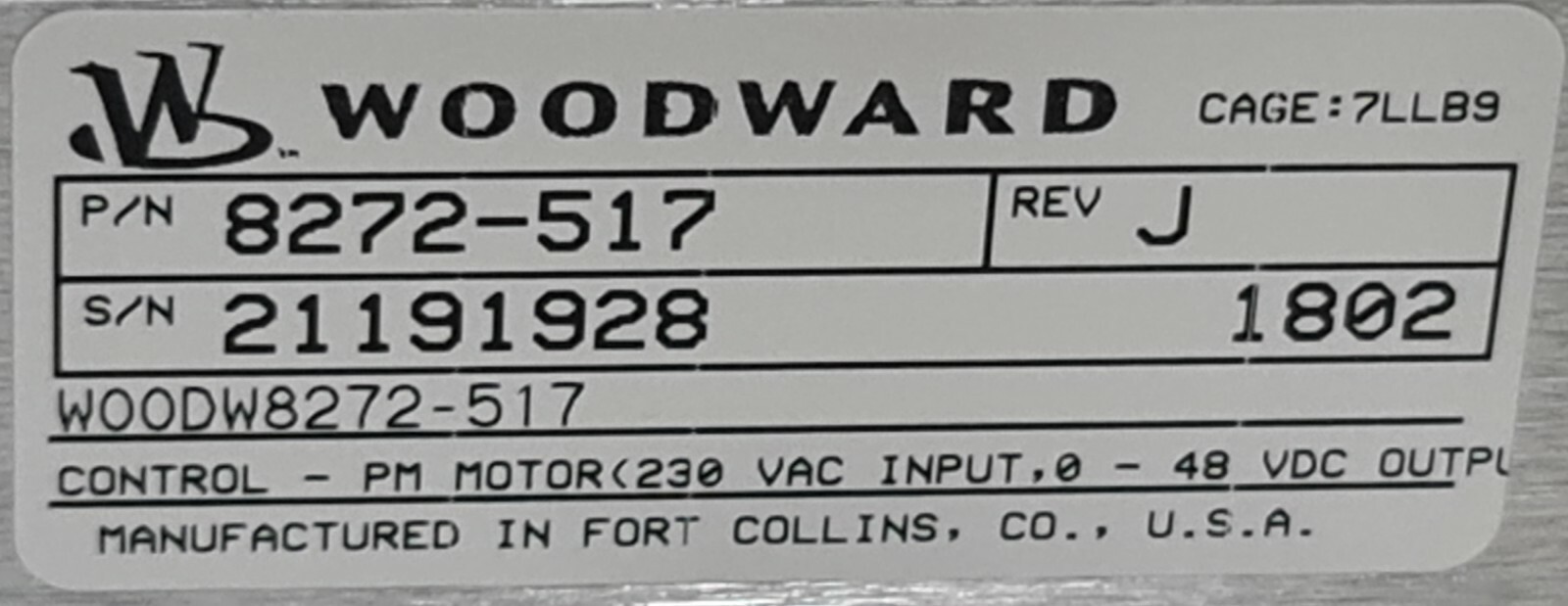 WOODWARD P/N 8272-517 PM MOTOR CONTROL REV.J