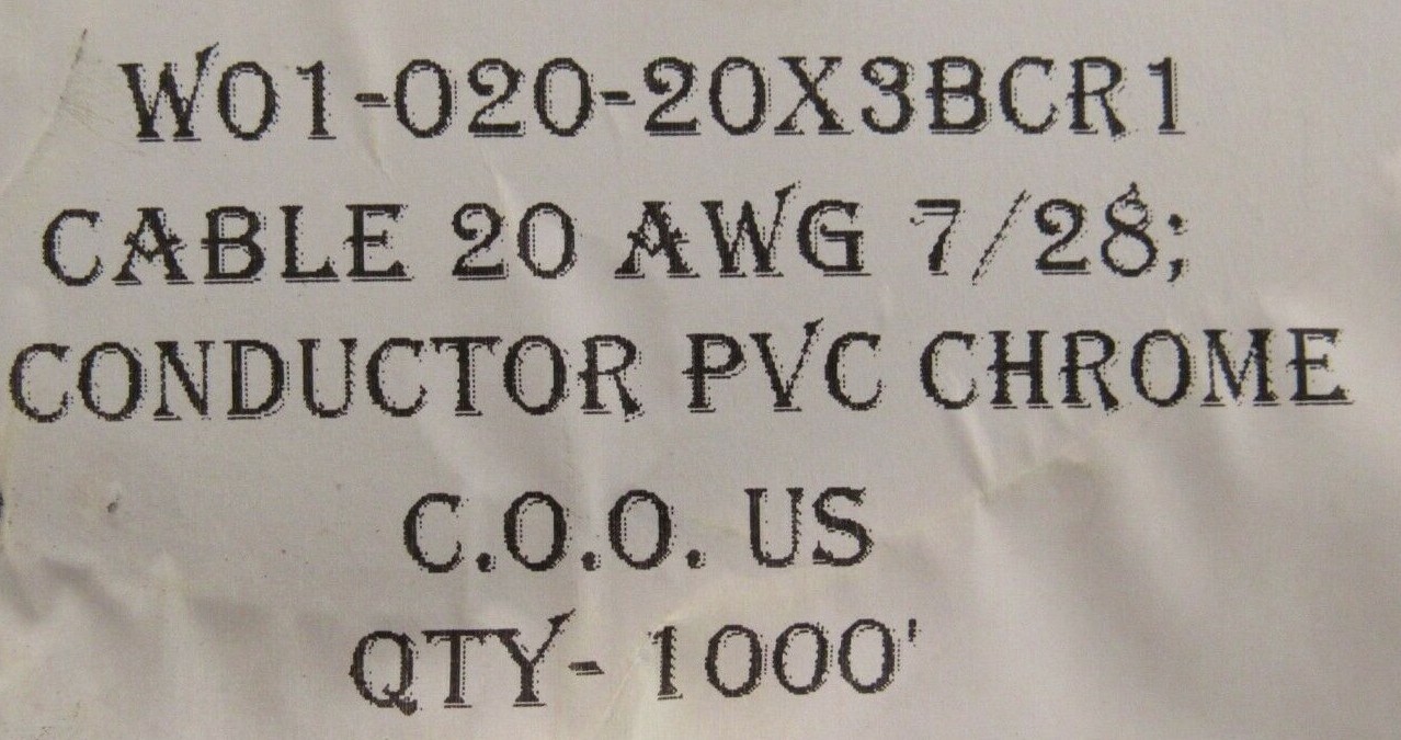 NEW QUABBIN LL51726 SHIELDED 3 CONDUCTOR CABLE 1000 FT W01-020-20X3BCR1 20 AWG