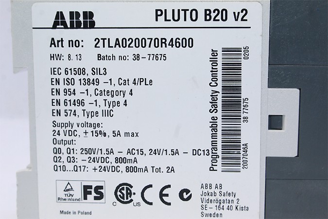 ABB Pluto B20 v2 PROGRAMMABLE SAFETY CONTROLLER 2TLA020070R4600