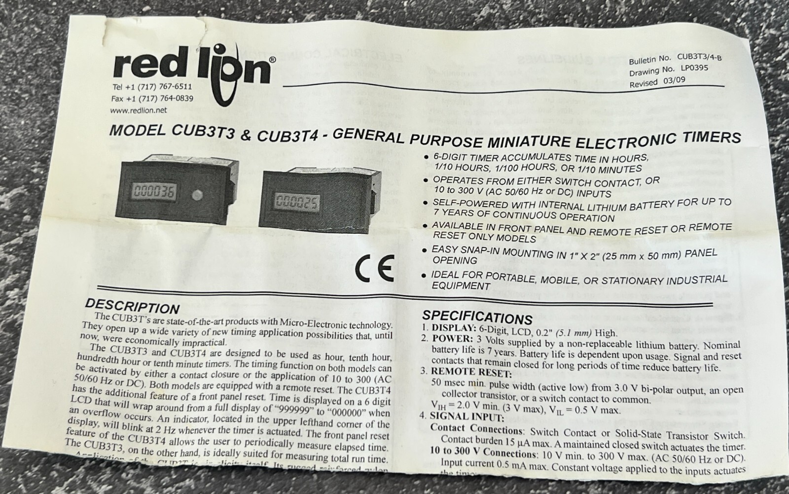 Red Lion CUB3T300 Mini Electronic Timer – 6-Digit LCD, Panel Mount, NOS