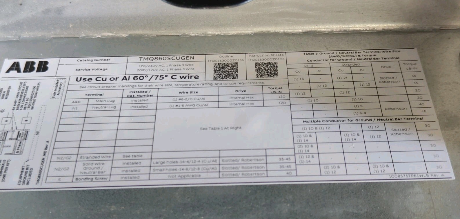 ABB TMQ860SCUGEN 60A Dual Main Generator Panel 8-Space Transfer Switch 120/240V
