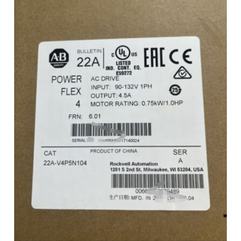 New Factory Sealed 22A-V4P5N104 /A PowerFlex 4 0.75 kW AC Drive 22A-V4P5N104 AB