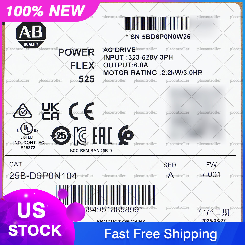 2025 New Allen Bradley 25B-D6P0N104 PowerFlex 525 2.2kW (3Hp) AC Drive 3 Phase