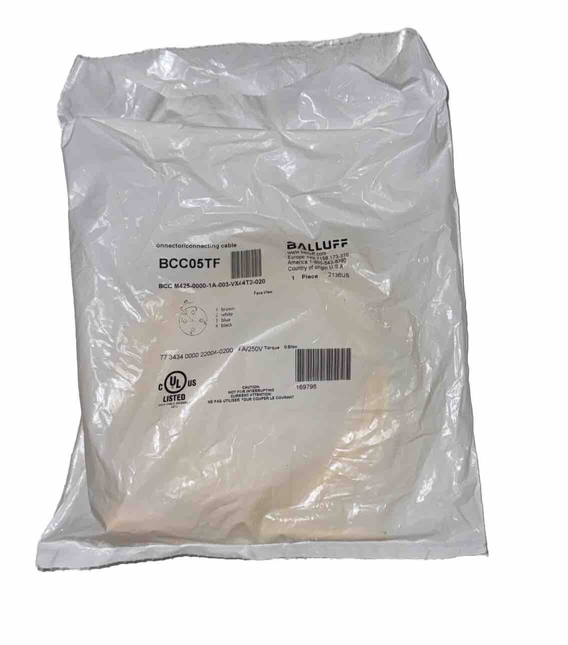 Balluff BCC05TF, 169798, Connector/ Connecting Cable 4a/250v Female, NEW