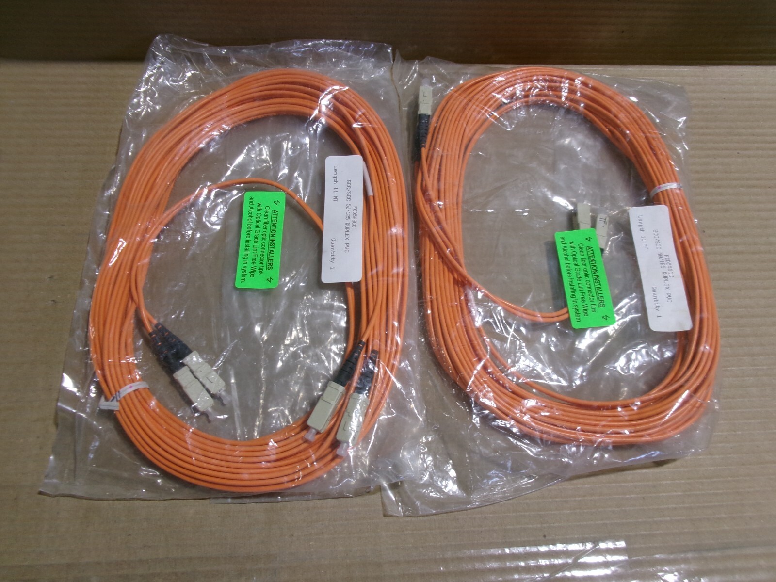 NEW LOT OF 2 CORNING FCD5ASCC OPTICAL CABLE 50/125 SCC/SCC 11 METERS UL 1666 AK