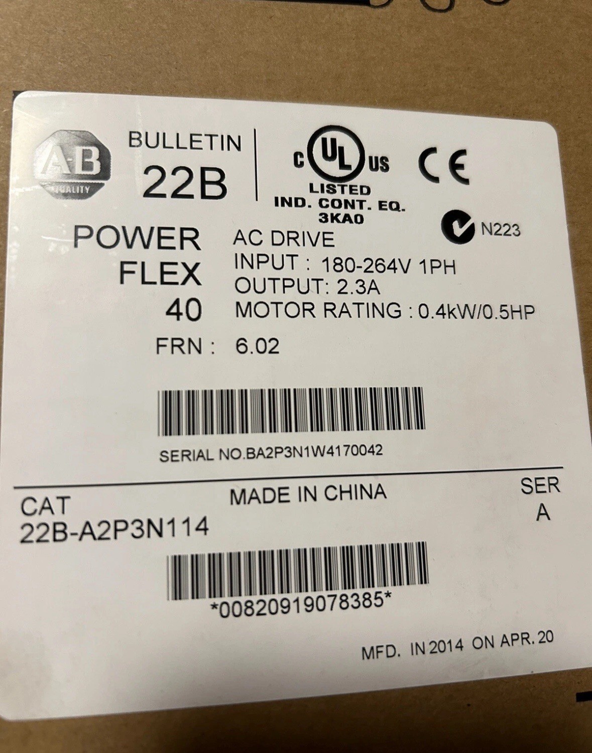 22B-A2P3N114 New Sealed PowerFlex 40- 0.4 kW (0.5 HP) AC Drive 22B-A2P3N114