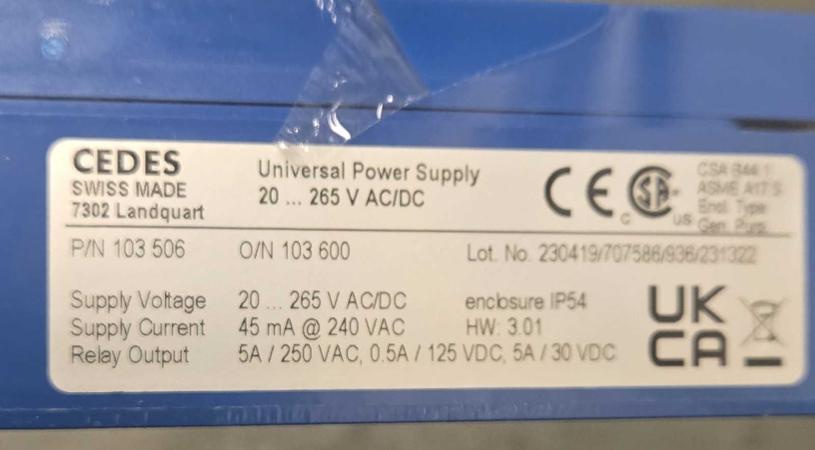 CEDES 103 506 UNIVERSAL POWER SUPPLY 20..265V AC/DC Elevator Otis Schindler Tke