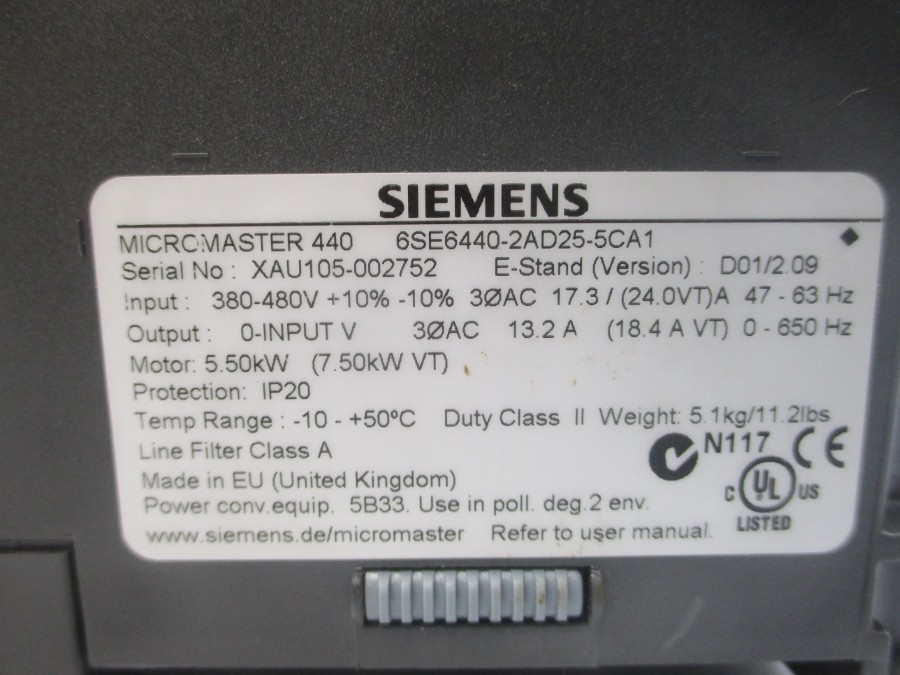 SIEMENS 6SE6440-2AD25-5CA1 380-480VAC 17.3A (AS PICTURED) UNMP