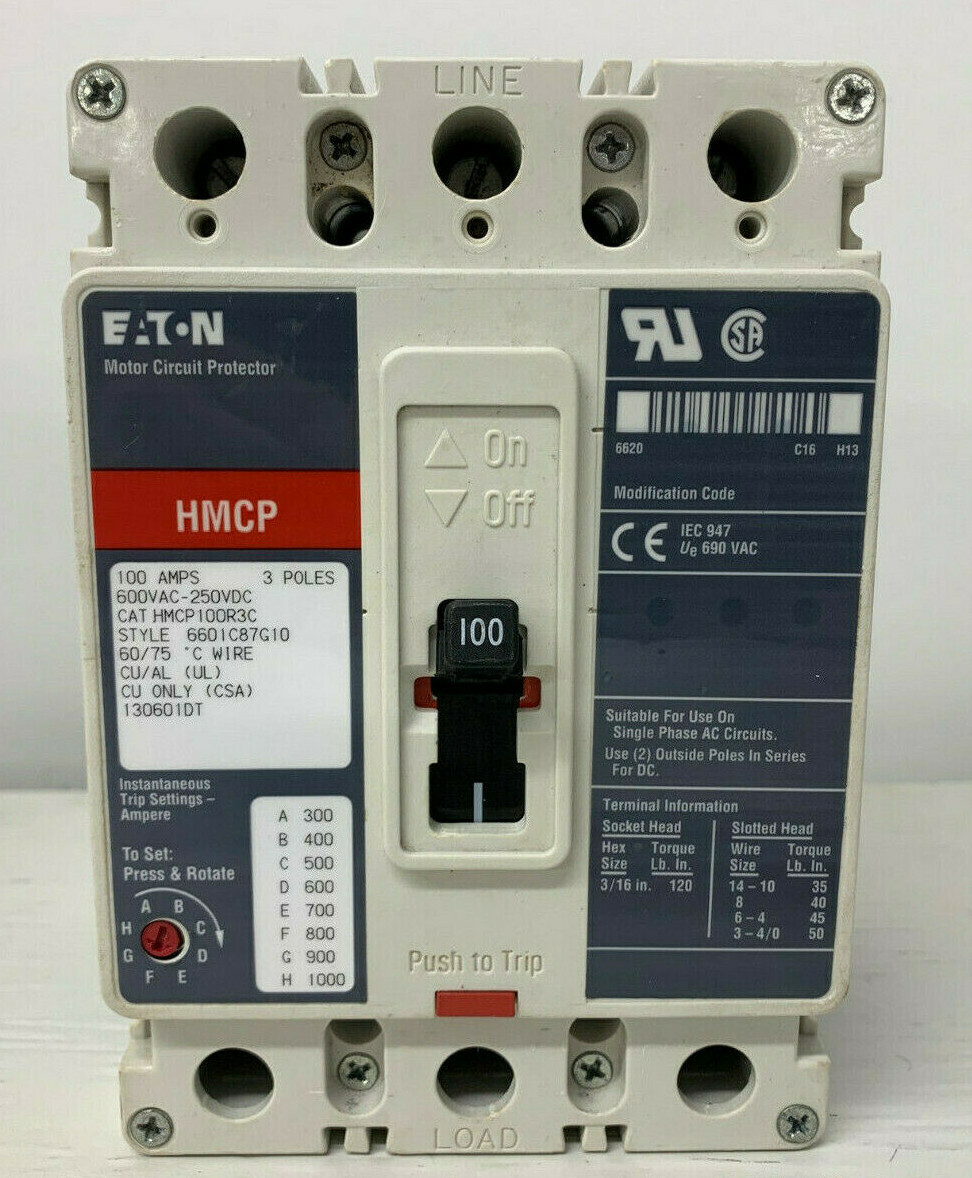 HMCP100R3 Cutler Hammer Eaton 100 Amp 600V 3 Pole HMCP Feed Thru Line & Load Lug