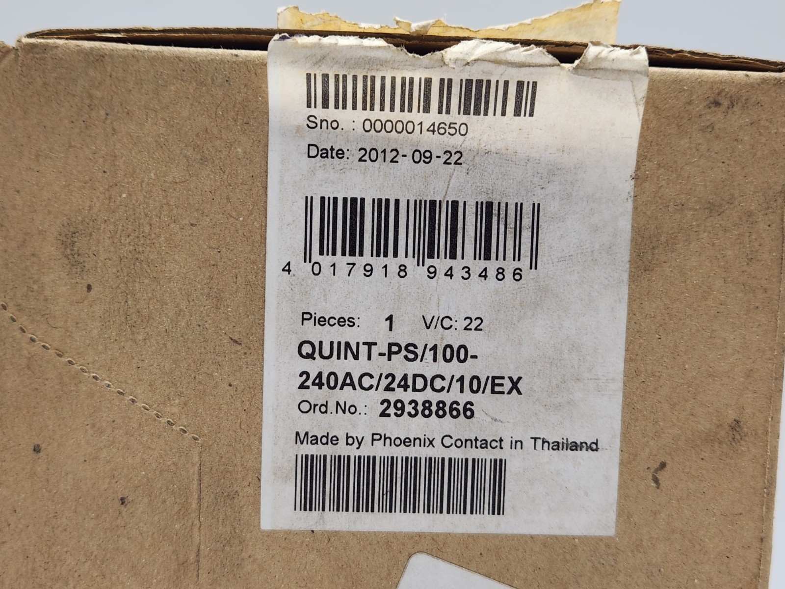PHOENIX CONTACT QUINT-PS-100-240AC/24DC/10/EX POWER SUPPLY 2938866 REV 22