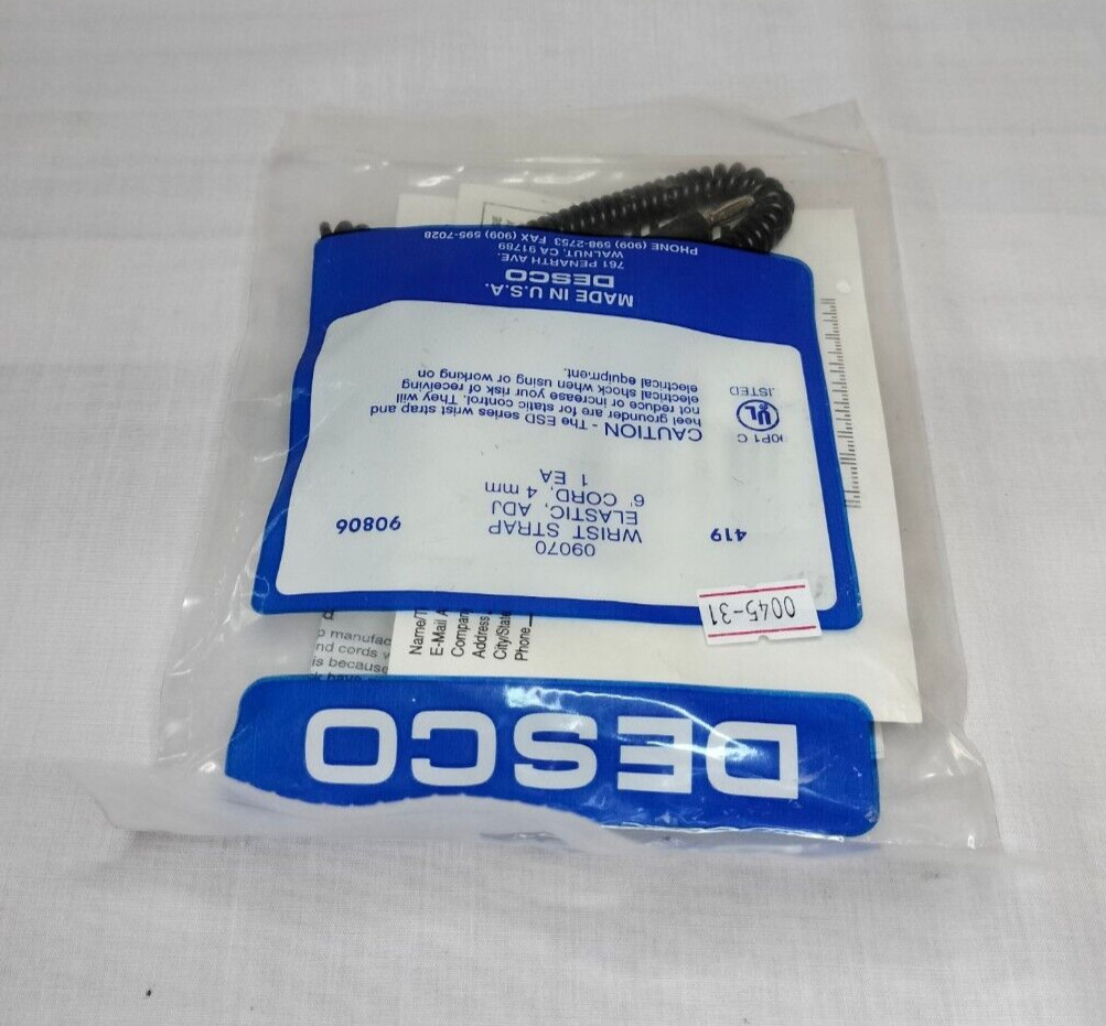 Desco 419 09070 90806 Wrist Strap Elastic Adj 6′ Cord 4mm Made in USA