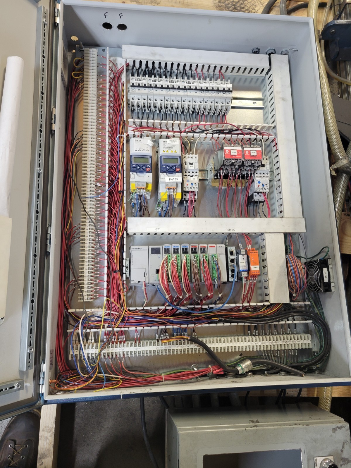 Industrial, PLC controls cabinet, Productivity PLC, Lenze VFD, Allen Bradley, Ea