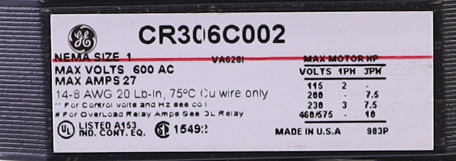 GE MAGNETIC STARTER CR306C002 ! NEW !