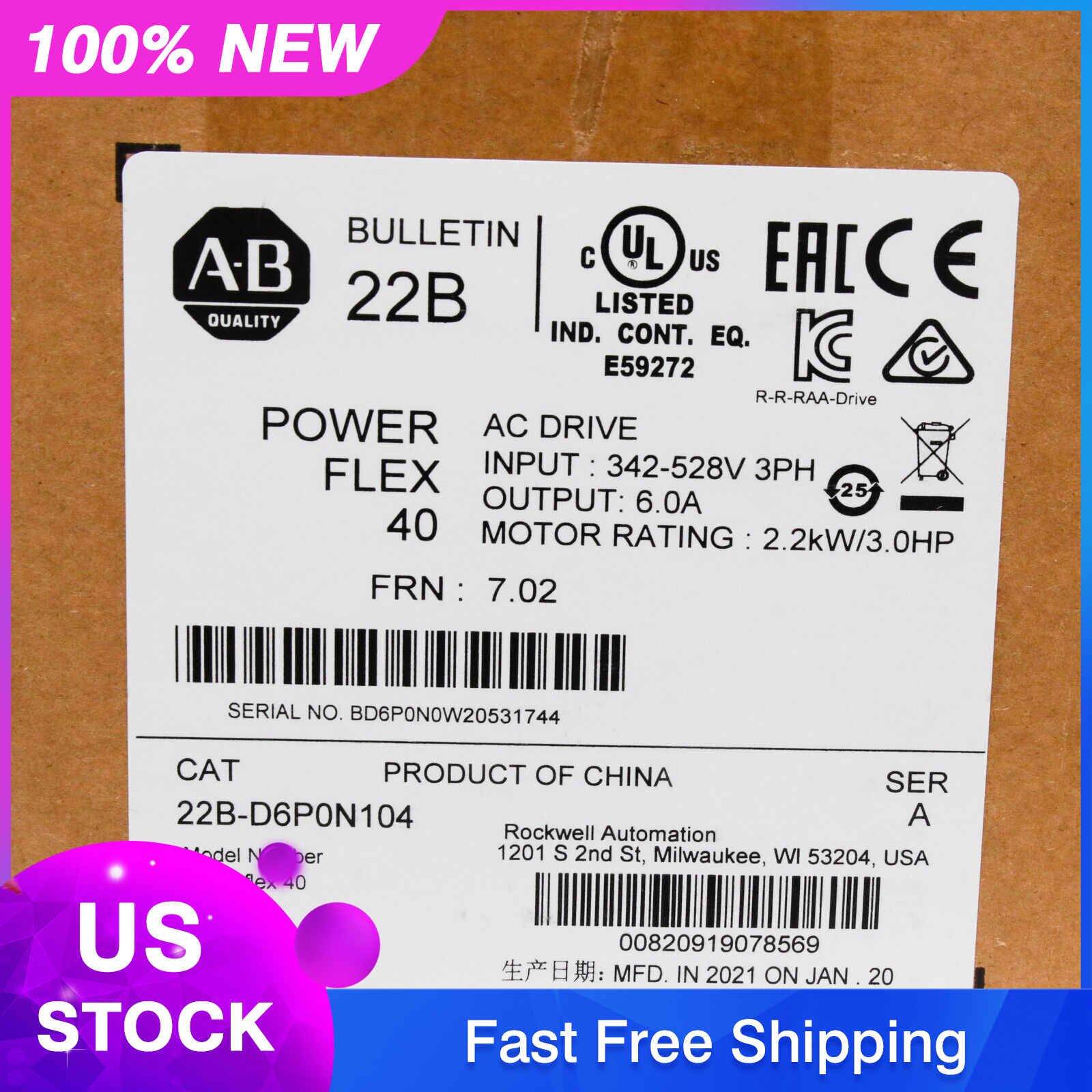 Allen-Bradley 22B-D6P0N104 PowerFlex 40 2.2KW/3.0HP AC Drive US Free Tax