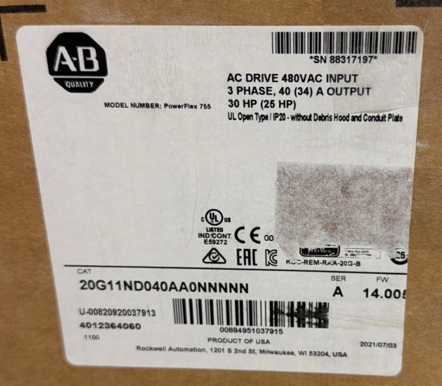 Allen Bradley 20G11ND040AA0NNNNN PowerFlex 755 VFD AC Drive 480V 30HP Series A