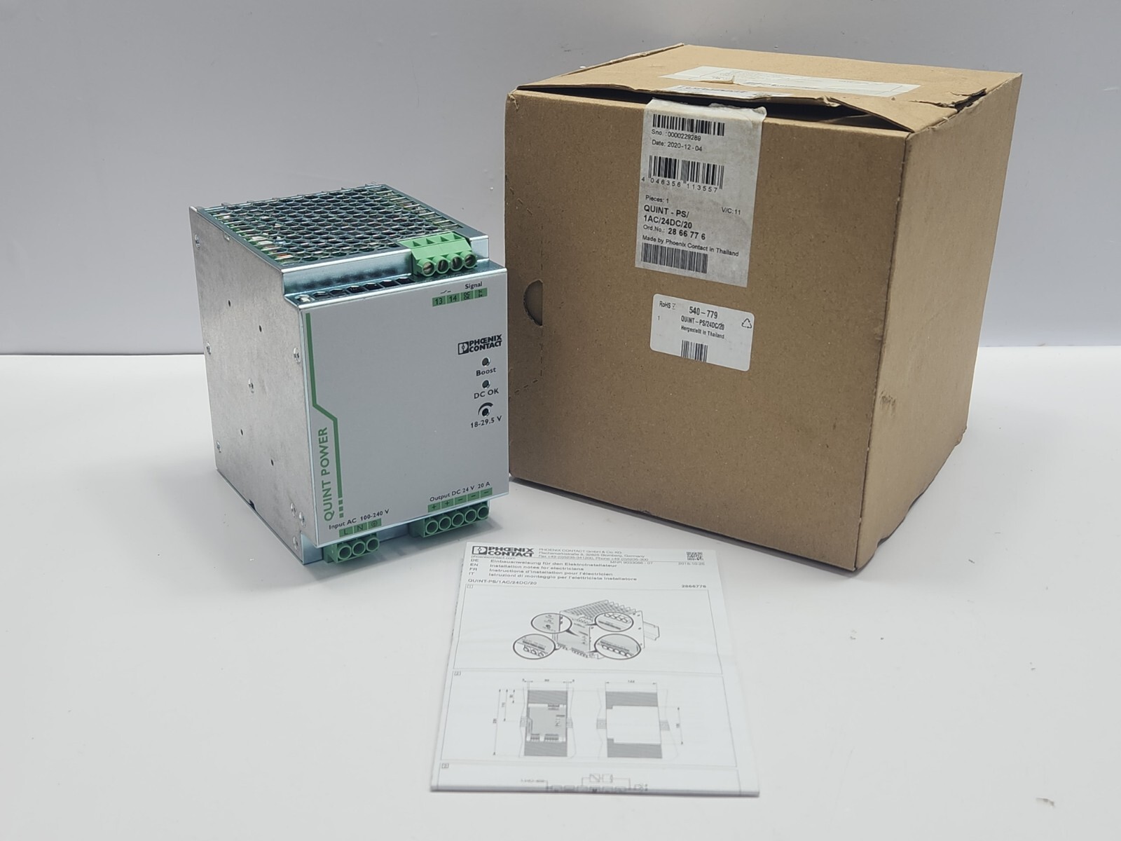 PHOENIX CONTACT QUINT-PS/1AC/24DC/20 POWER SUPPLY UNIT 2866776 REV 11