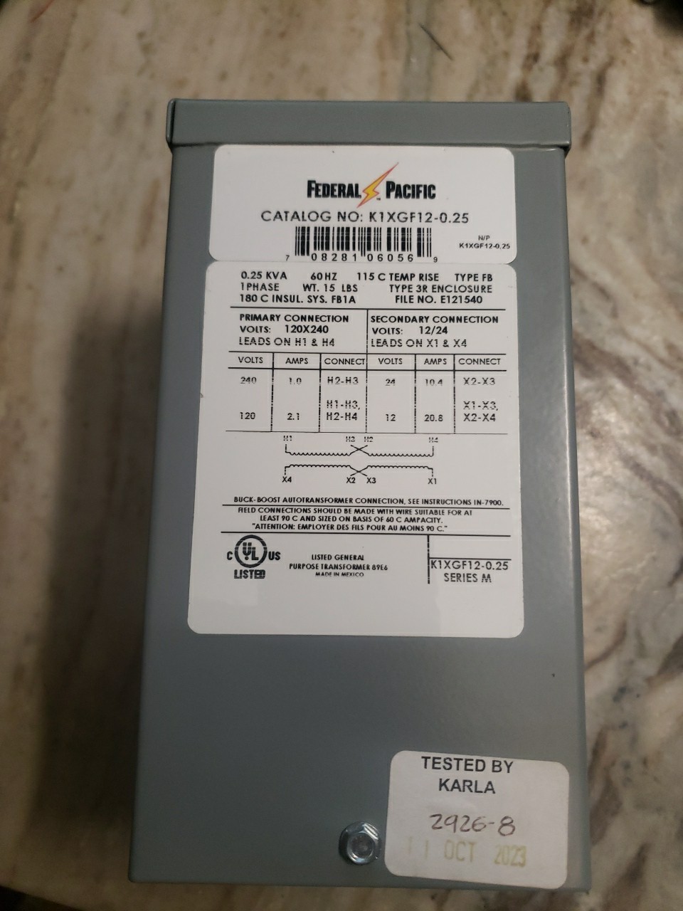 FEDERAL PACIFIC TRANSFORMER K1XGF12-0.25 KVA 1 PHASE mFG. 10-2023 NEW OPEN BOX