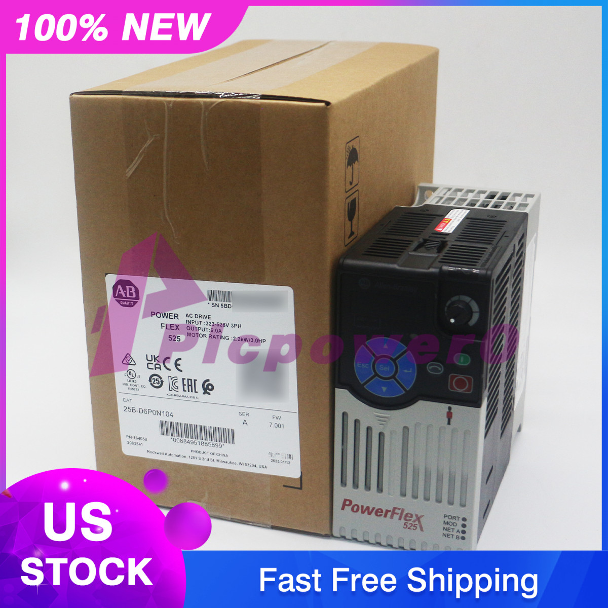 New Sealed Allen Bradley 25B-D6P0N104 PowerFlex 525 2.2kW (3Hp) AC Drive 3 Phase