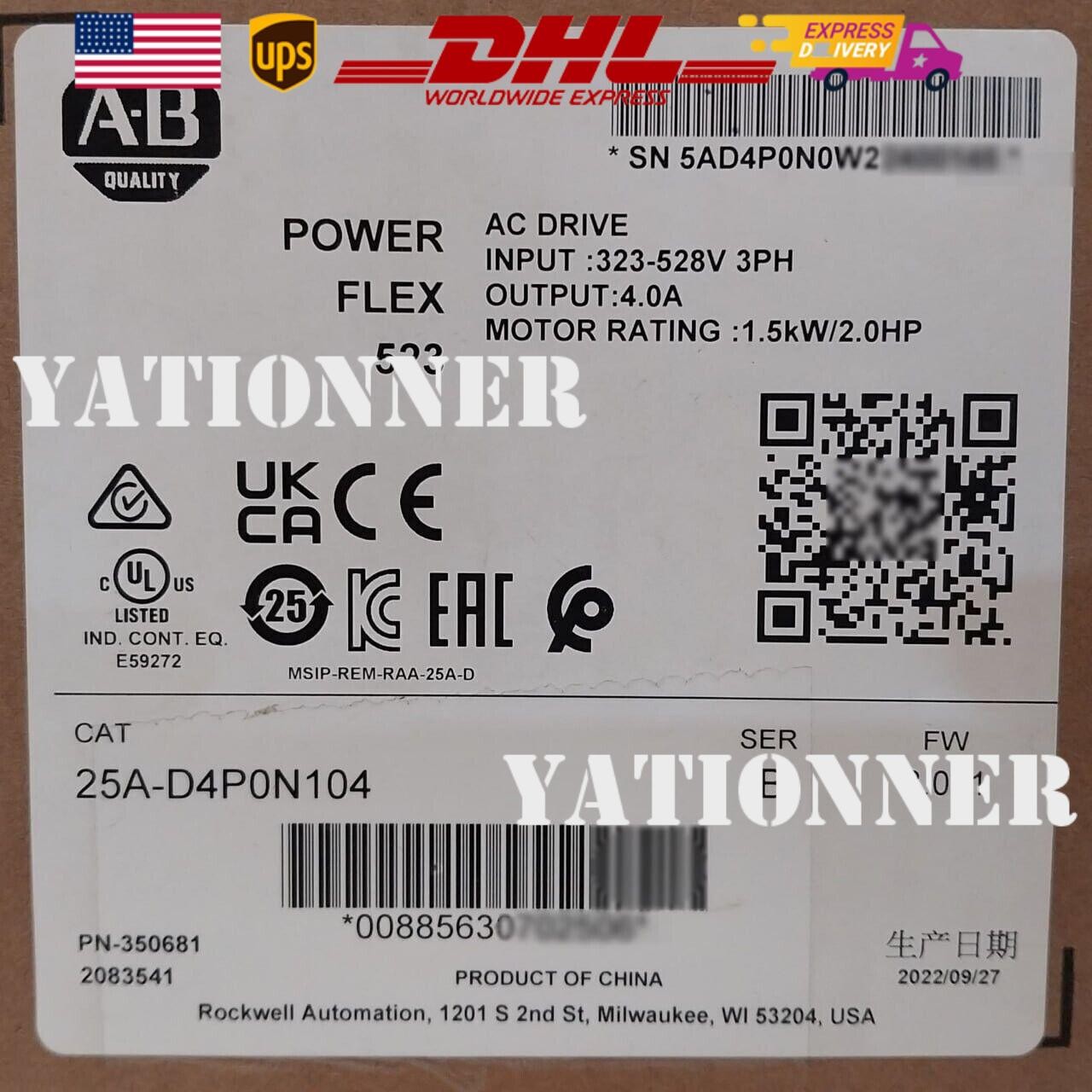 New Sealed Allen-Bradley 25A-D4P0N104 Ser B PowerFlex 523 AC Drive 1.5kW 2.0HP