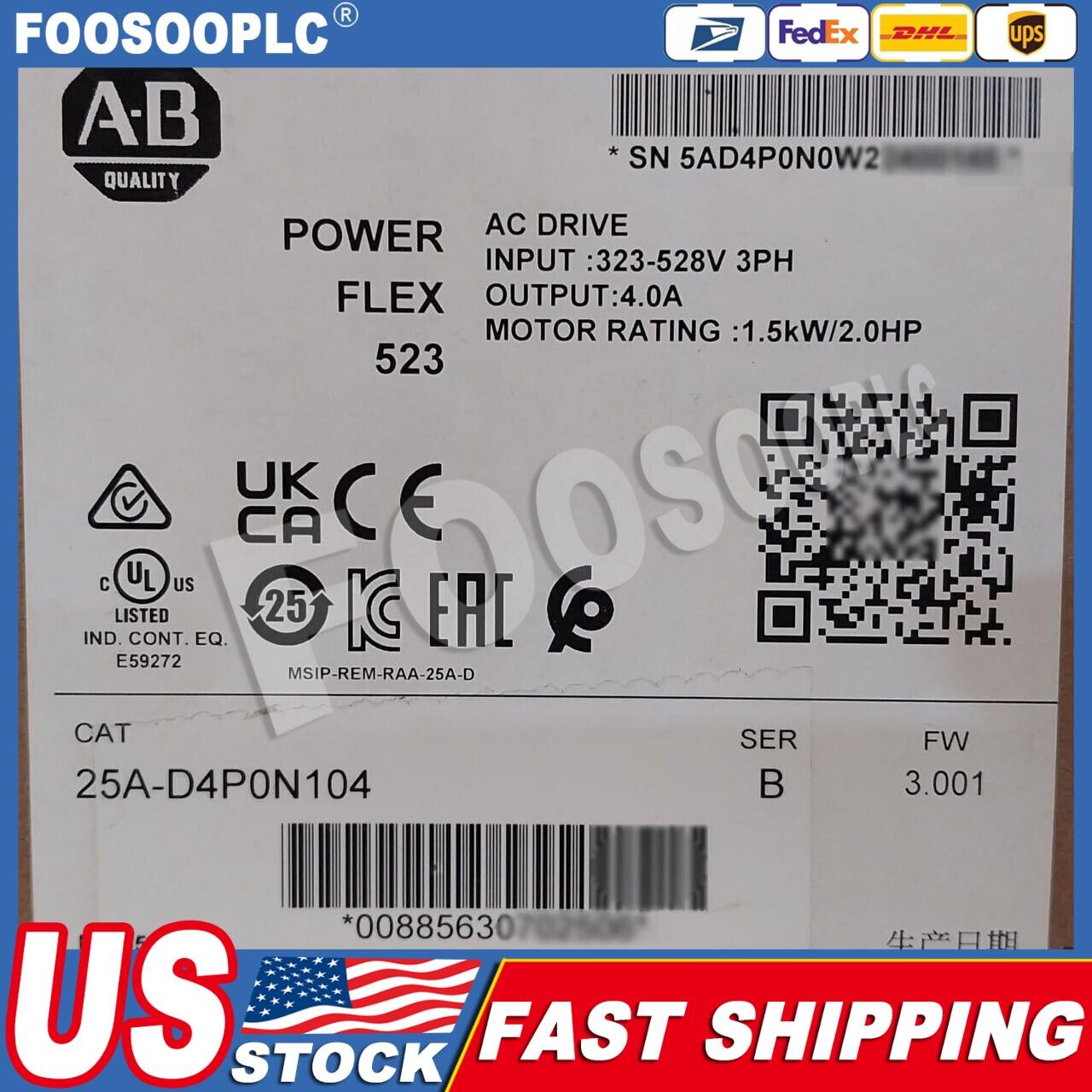 New Sealed Allen-Bradley 25A-D4P0N104 Ser B PowerFlex 523 AC Drive 1.5kW 2.0HP