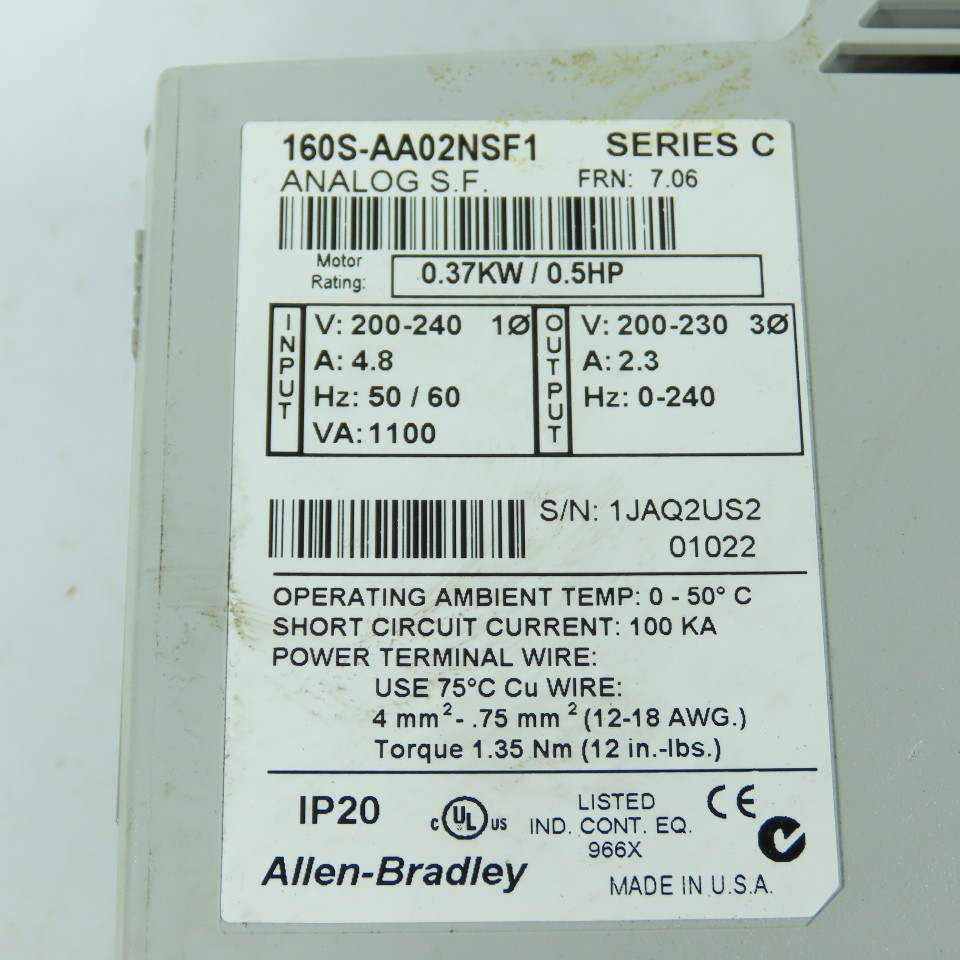 Allen Bradley 160S-AA02NSF1 SerC 0.37 / 0.5HP AC Drive 200-230V 3PH 2.3A 0-240HZ
