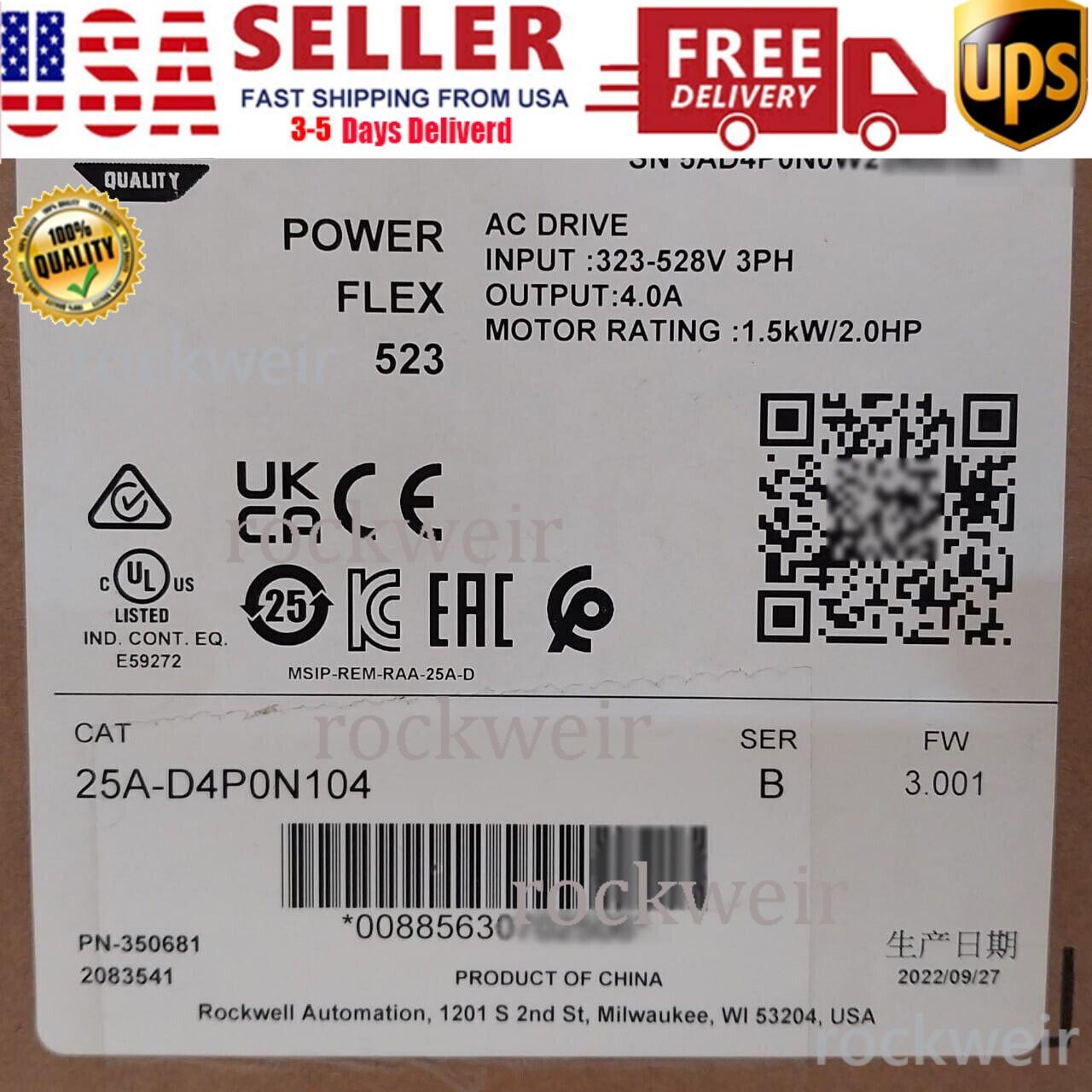 New Sealed Allen-Bradley 25A-D4P0N104 Ser B PowerFlex 523 AC Drive 1.5kW 2.0HP
