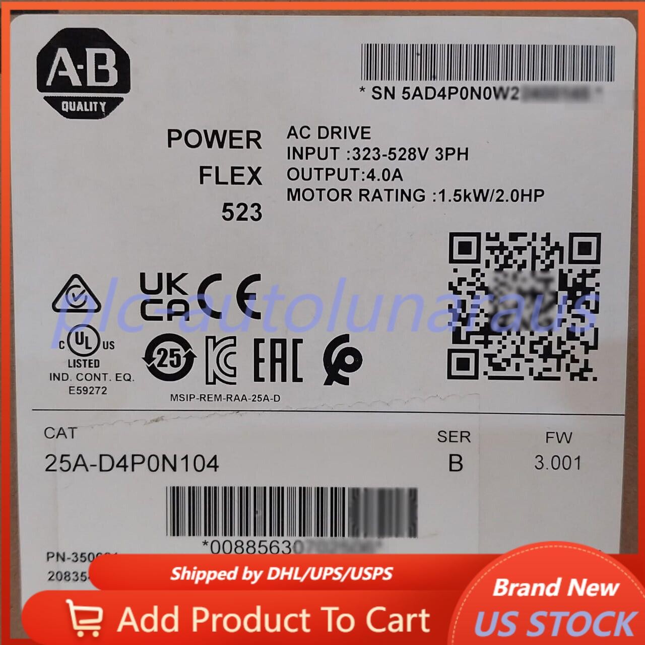 New Sealed Allen-Bradley 25A-D4P0N104 Ser B PowerFlex 523 AC Drive 1.5kW 2.0HP