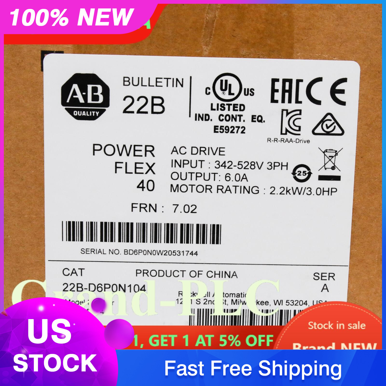 22B-D6P0N104 Allen-Bradley PowerFlex 40 2.2KW/3.0HP AC Drive US Free Tax