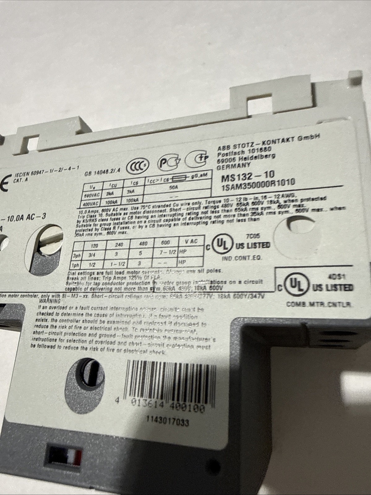 NEW* ABB MS132-10 (6.3-10A) Motor Protection Circuit Breaker Free US shipping