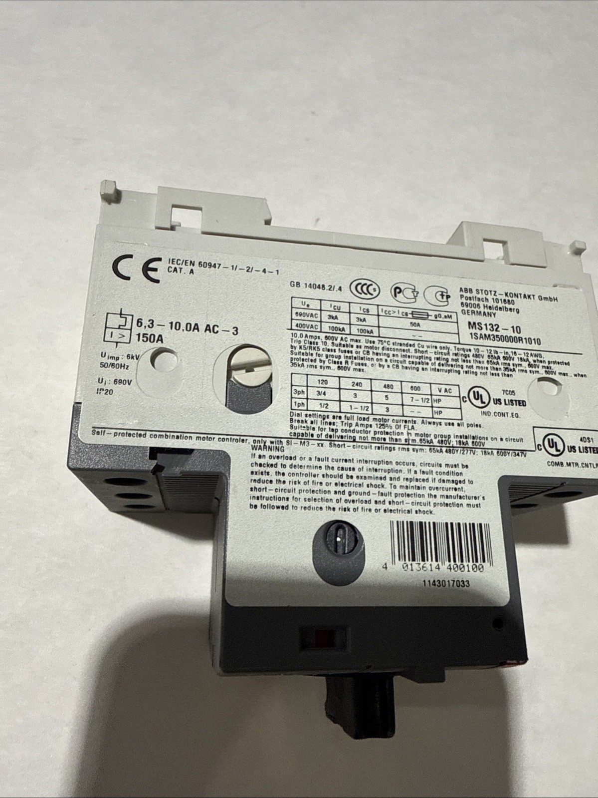 NEW* ABB MS132-10 (6.3-10A) Motor Protection Circuit Breaker Free US shipping