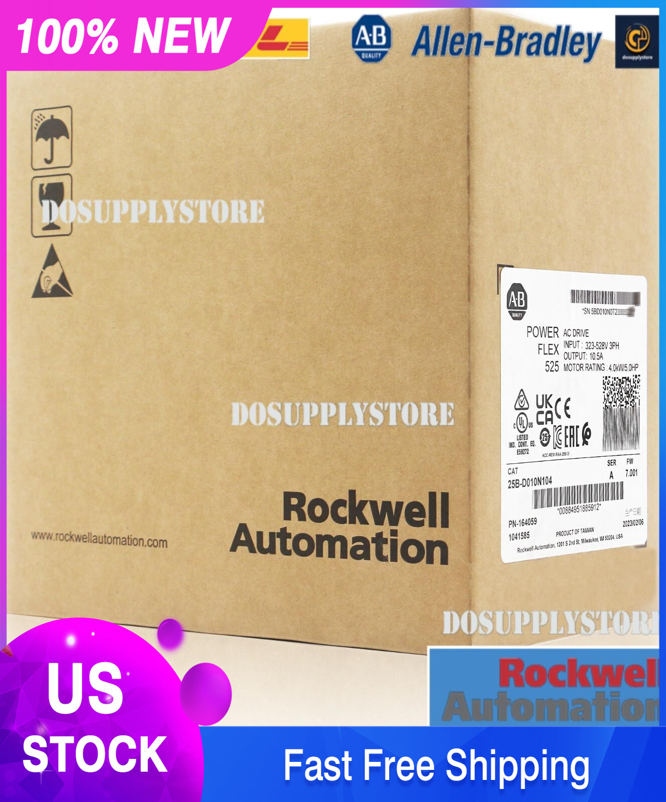 New Factory Sealed AB 25B-D010N104 /A Powerflex 525 AC Drive 5HP 4.0KW