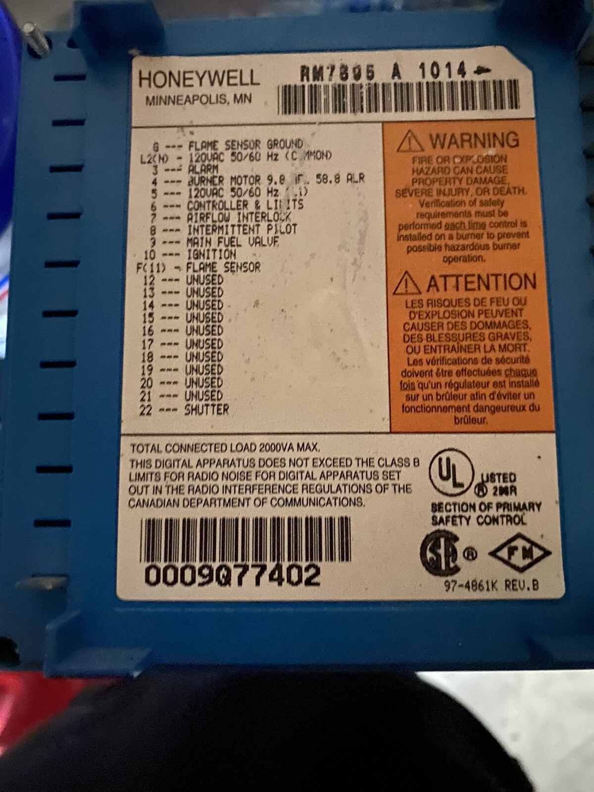 Honeywell RM7895A1014 BURNER CONTROL.