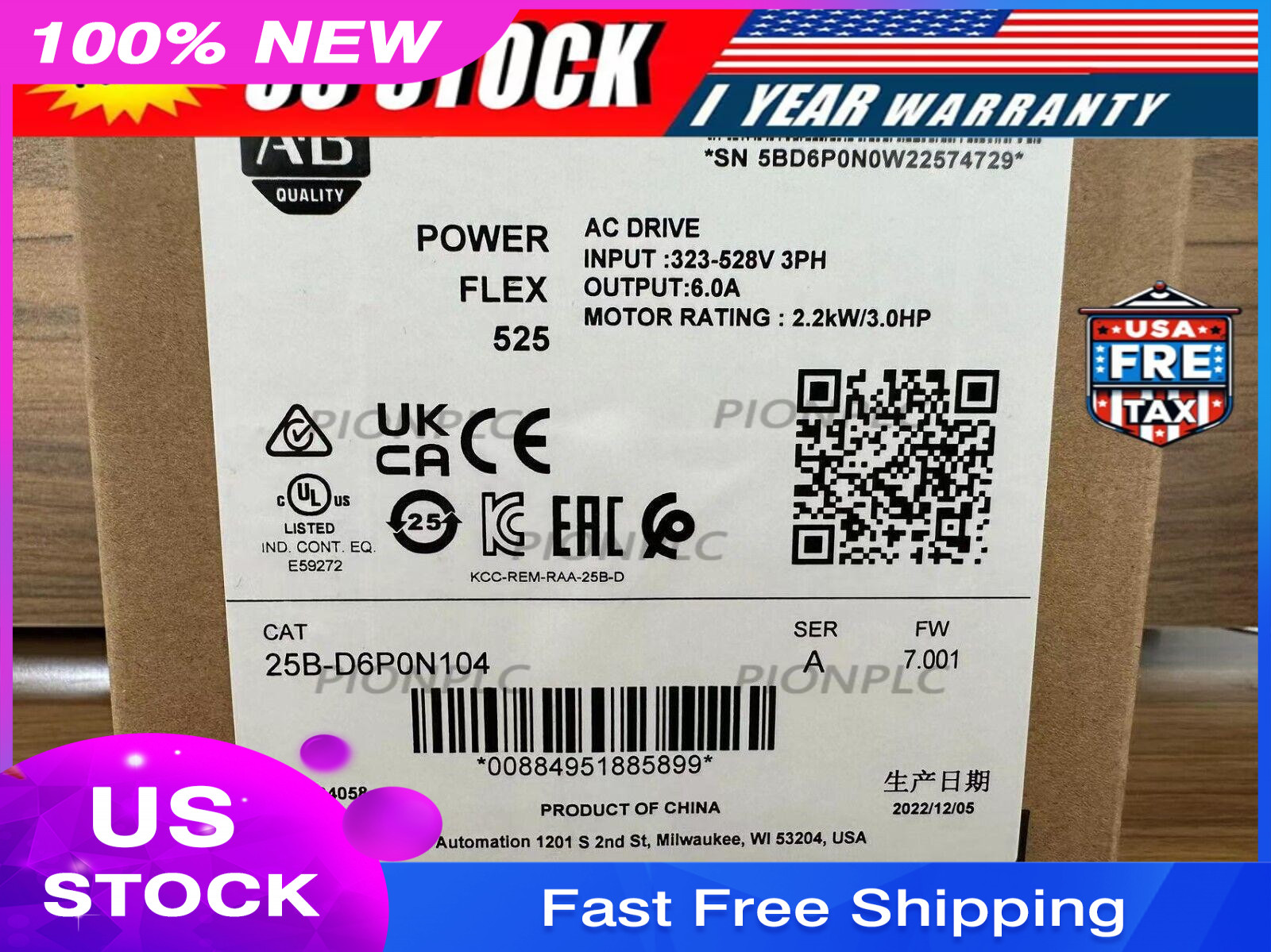 25B-D6P0N104 2022 New Sealed Genuine SER A PowerFlex 525 2.2kW 3Hp AC Drive