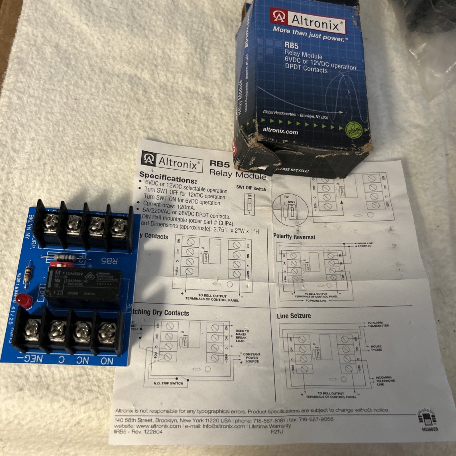 ALTRONIX RB5 Relay Module 6VDC or 12VDC operation DPDT Contacts